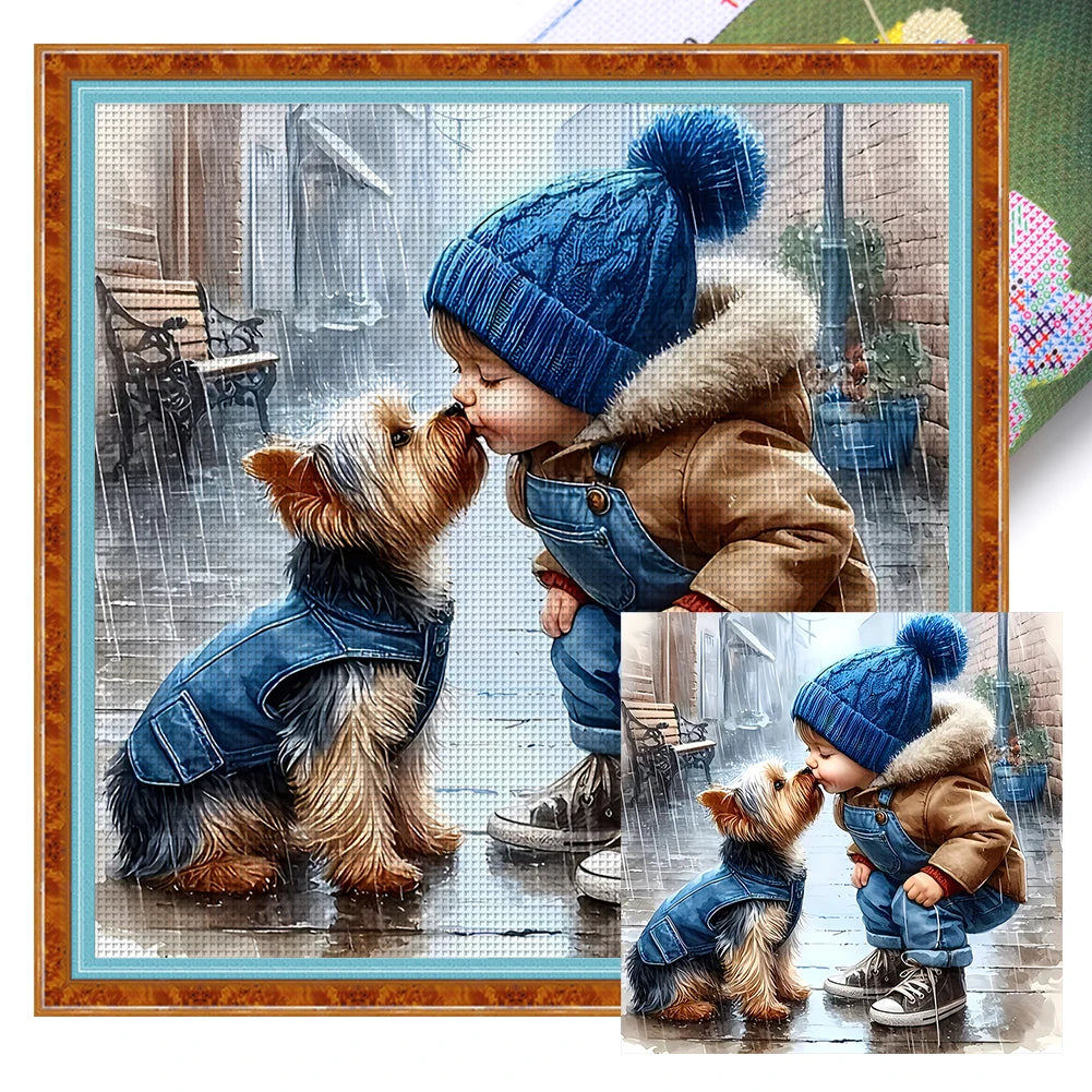 11CT Boy Loves Dog Cross Stitch Kit 40x40cm