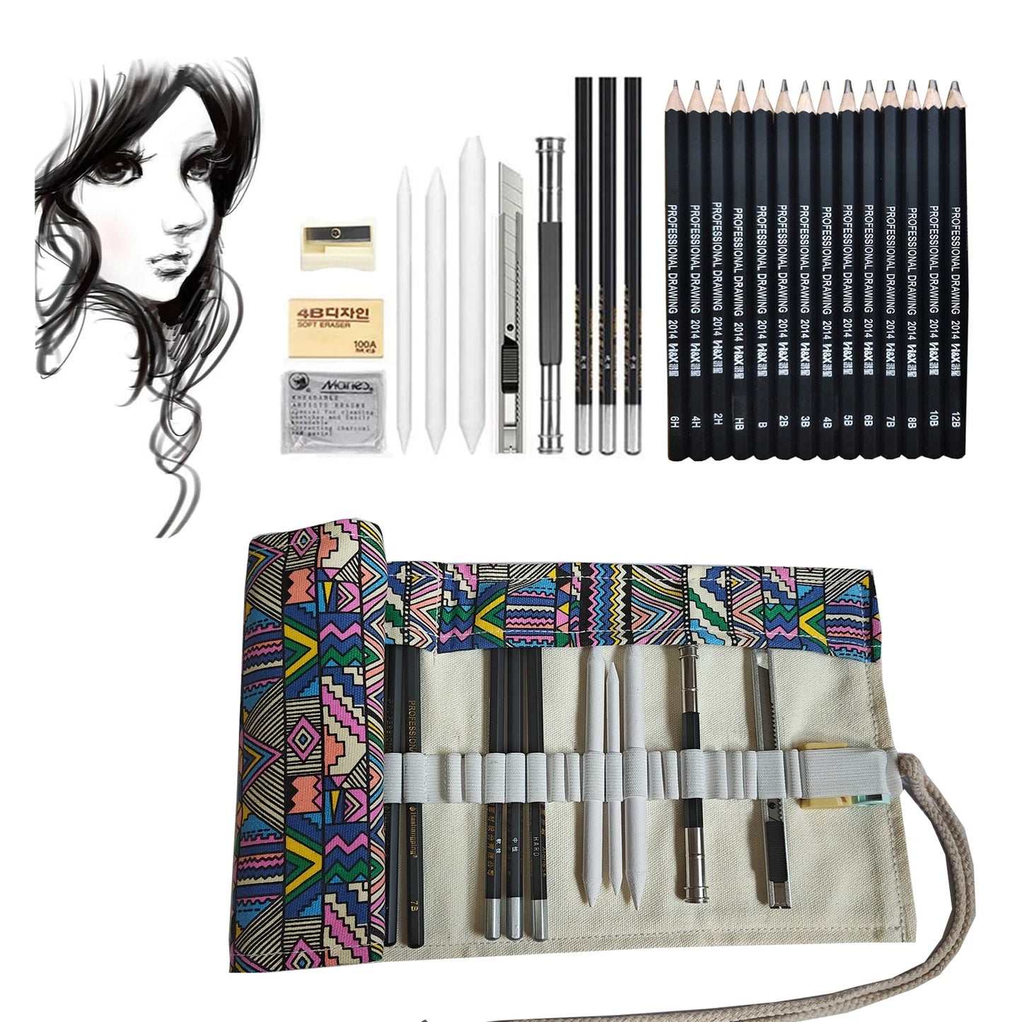 Pouch with Pencils and Drawing Tools