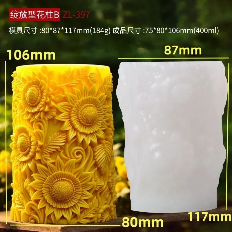 Blooming Flower Relief Cylindrical Candle Mold