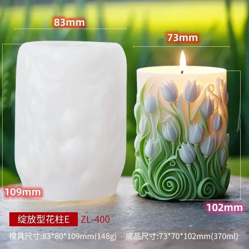 Blooming Flower Relief Cylindrical Candle Mold