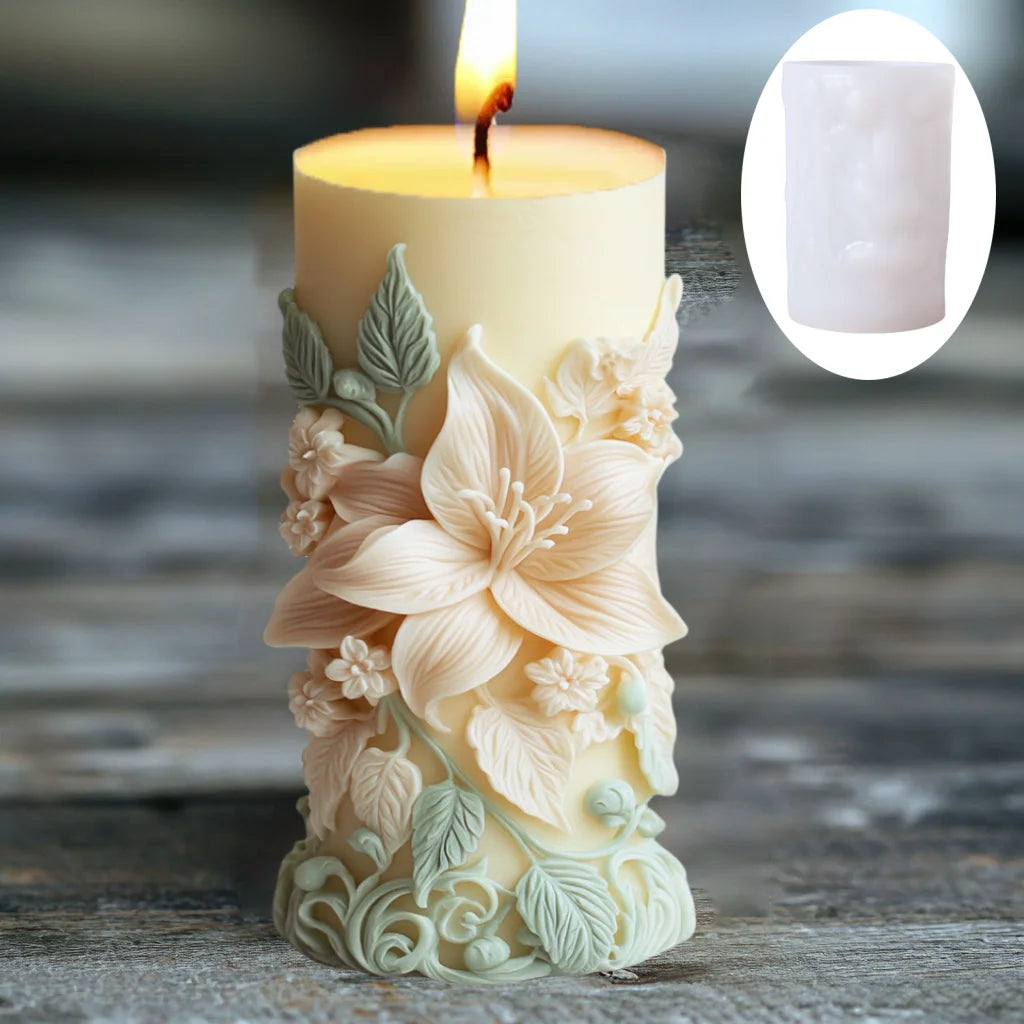 Blooming Flower Relief Cylindrical Candle Mold