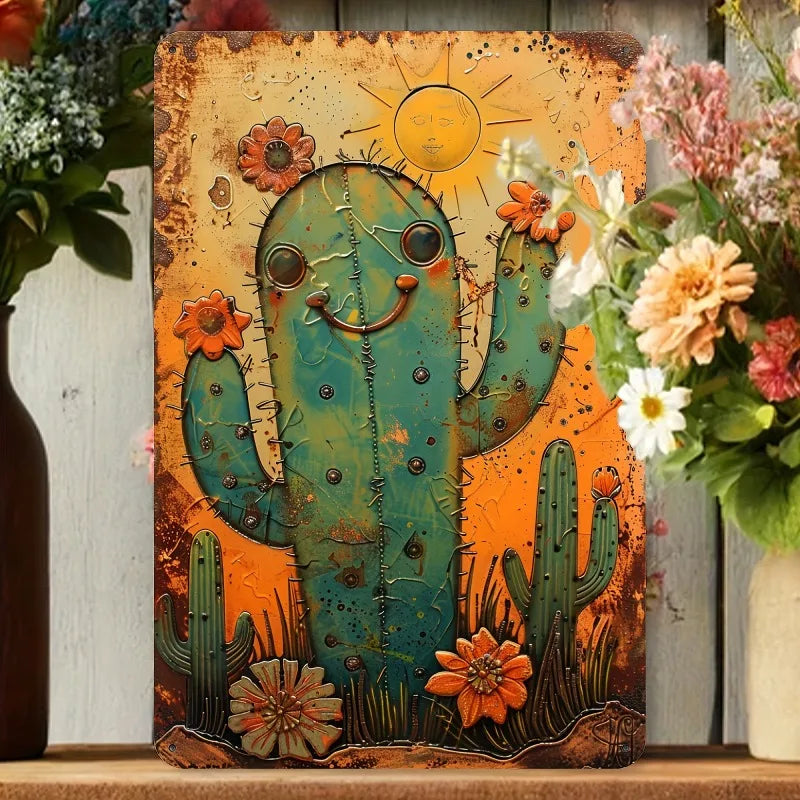 Charming Vintage Cactus Iron Metal Sign 8x12