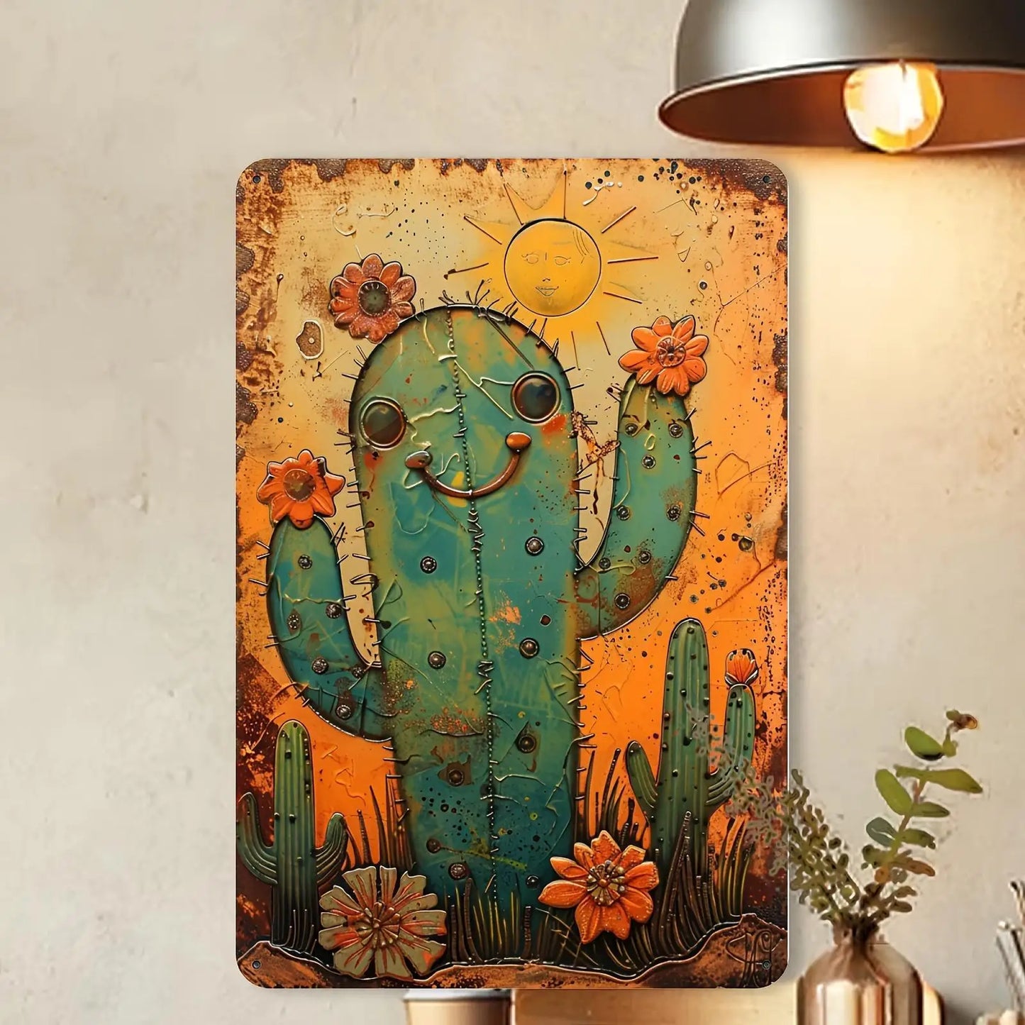 Charming Vintage Cactus Iron Metal Sign 8x12