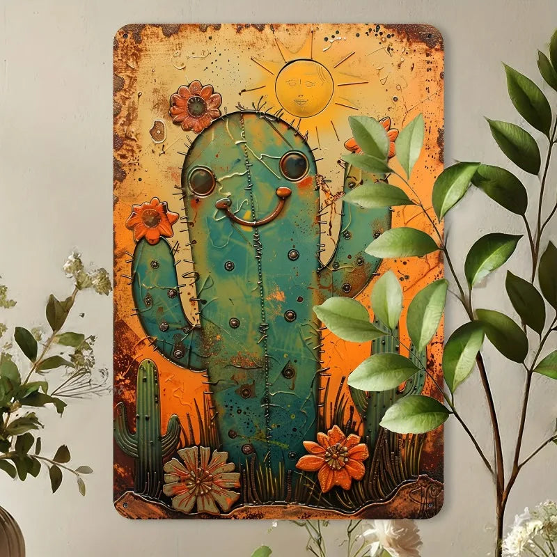 Charming Vintage Cactus Iron Metal Sign 8x12