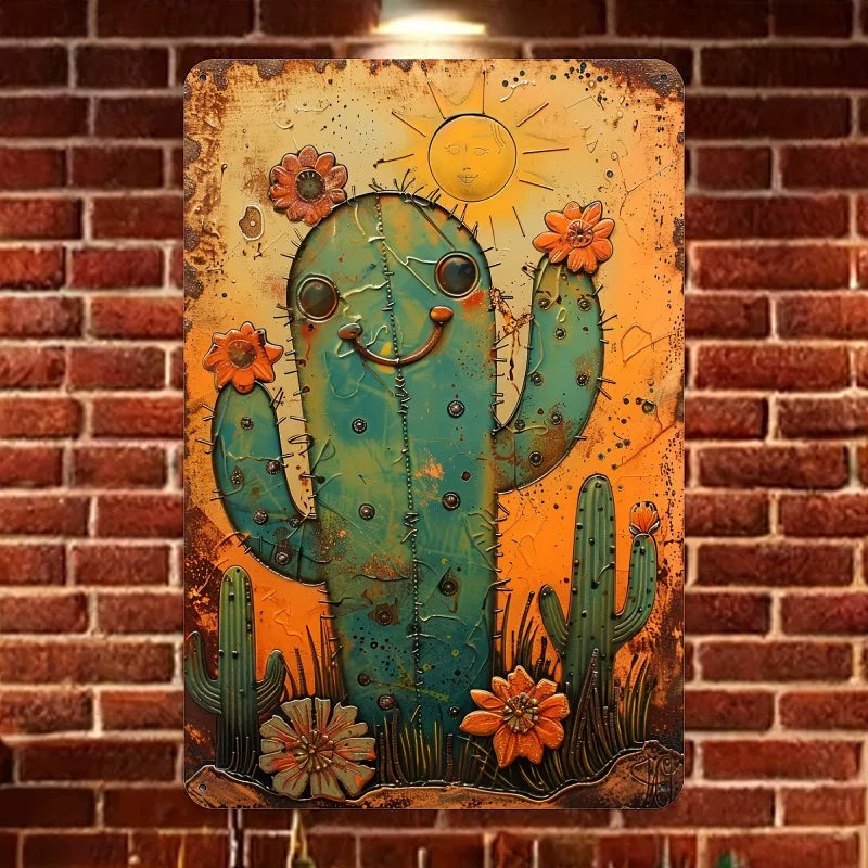 Charming Vintage Cactus Iron Metal Sign 8x12